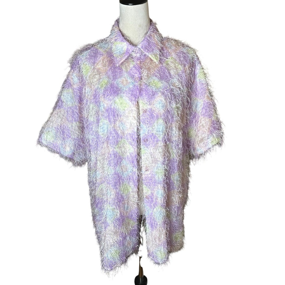 Vintage Y2K Selene‎ Sport Pastel Lavender Eyelash Knit Button Up Top XL